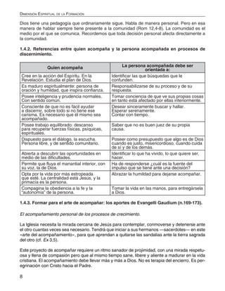 8
Dimensión Espiritual de la Formación
Dios tiene una pedagogía que ordinariamente sigue. Habla de manera personal. Pero en esa
manera de hablar siempre tiene presente a la comunidad (Rom 12,4-8). La comunidad es el
medio por el que se comunica. Recordemos que toda decisión personal afecta directamente a
la comunidad.
1.4.2. Referencias entre quien acompaña y la persona acompañada en procesos de
discernimiento.
Quien acompaña La persona acompañada debe ser
orientada a:
Cree en la acción del Espíritu. En la
Revelación. Estudia el plan de Dios.
Identificar las que búsquedas que le
confunden.
Es maduro espiritualmente: persona de
oración y humildad, que inspira confianza.
Responsabilizarse de su proceso y de su
respuesta.
Posee inteligencia y prudencia normales.
Con sentido común.
Tomar conciencia de que ve sus propias cosas
en tanto está afectado por ellas interiormente.
Consciente de que no es fácil ayudar
a discernir, sobre todo si no tiene ese
carisma. Es necesario que él mismo sea
acompañado.
Desear sinceramente buscar y hallar.
Esperar serenamente.
Contar con tiempo.
Posee trabajo equilibrado: descanso
para recuperar fuerzas físicas, psíquicas,
espirituales.
Saber que no es buen juez de su propia
causa.
Dispuesto para el diálogo, la escucha.
Persona libre, y de sentido comunitario.
Poseer como presupuesto que algo es de Dios
cuando es justo, misericordioso, cuando cuida
de sí y de los demás.
Abierta a descubrir las oportunidades en
medio de las dificultades.
Identificar lo que ha vivido, lo que quiere ser,
hacer.
Permite que fluya el manantial interior, con
su voz, la de Dios.
Ha de responderse ¿cuál es la fuente del
impulso que se tiene ante una decisión?
Opta por la vida por más estropeada
que esté. La centralidad está Jesús, y la
primacía es la persona.
Abrazar la humildad para dejarse acompañar.
Compagina la obediencia a la fe y la
“autonomía” de la persona.
Tomar la vida en las manos, para entregársela
a Dios.
1.4.3. Formar para el arte de acompañar: los aportes de Evangelli Gaudium (n.169-173).
El acompañamiento personal de los procesos de crecimiento.
La Iglesia necesita la mirada cercana de Jesús para contemplar, conmoverse y detenerse ante
el otro cuantas veces sea necesario. Tendrá que iniciar a sus hermanos —sacerdotes— en este
«arte del acompañamiento», para que aprendan a quitarse las sandalias ante la tierra sagrada
del otro (cf. Ex 3,5).
Este proyecto de acompañar requiere un ritmo sanador de projimidad, con una mirada respetu-
osa y llena de compasión pero que al mismo tiempo sane, libere y aliente a madurar en la vida
cristiana. El acompañamiento debe llevar más y más a Dios. No es terapia del encierro. Es per-
egrinación con Cristo hacia el Padre.
 