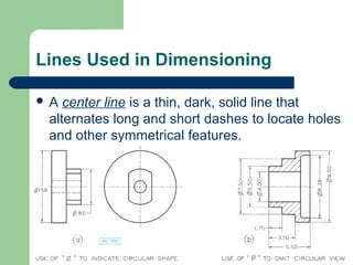 Lines Used in Dimensioning
A

center line is a thin, dark, solid line that
alternates long and short dashes to locate holes
and other symmetrical features.

 