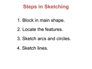 Steps in Sketching
1. Block in main shape.
2. Locate the features.
3. Sketch arcs and circles.
4. Sketch lines.
 