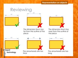 Reviewing
Representation on objects
40
The dimension line is too
near from the outline of
the piece
40
40
The dimension line is too
far from the outline of the
piece
40 40 40
The arrowheads are too
long
The arrowheads are too
thick
 