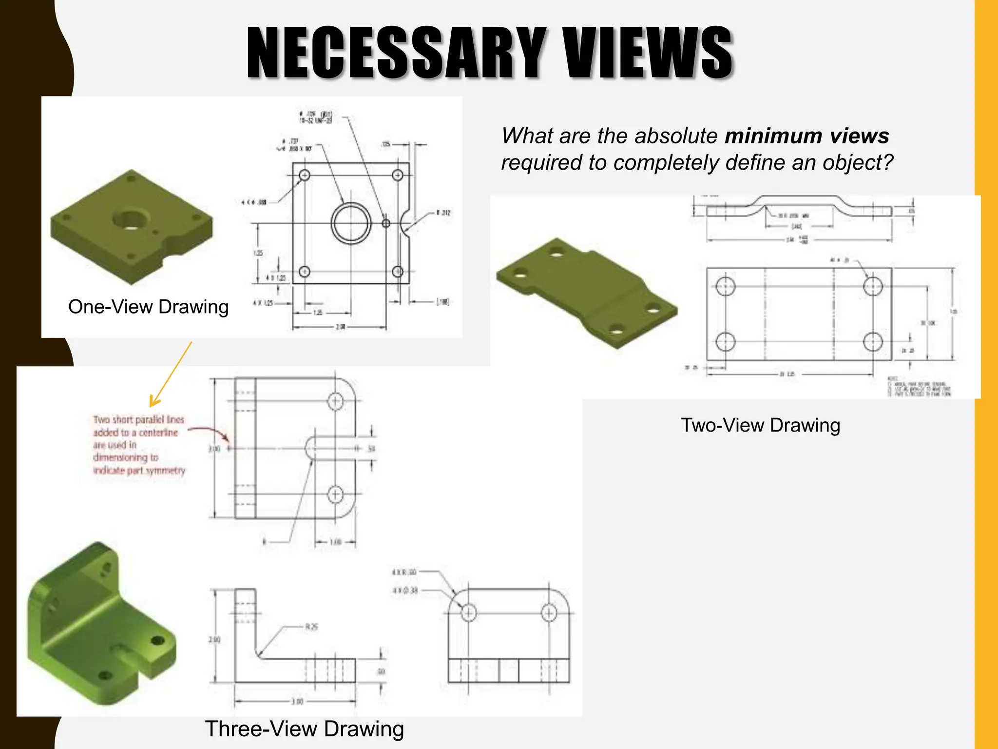 NECESSARY VIEWS
One-View Drawing
Two-View Drawing
Three-View Drawing
What are the absolute minimum views
required to completely define an object?
 