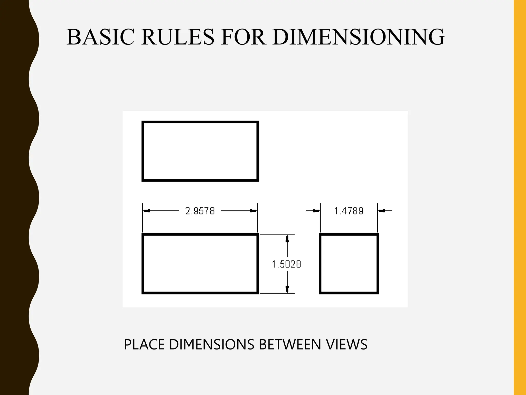 BASIC RULES FOR DIMENSIONING
PLACE DIMENSIONS BETWEEN VIEWS
 