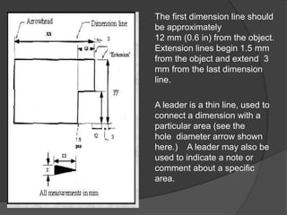 The first dimension line should
be approximately
12 mm (0.6 in) from the object.
Extension lines begin 1.5 mm
from the object and extend 3
mm from the last dimension
line.
A leader is a thin line, used to
connect a dimension with a
particular area (see the
hole diameter arrow shown
here.) A leader may also be
used to indicate a note or
comment about a specific
area.
 