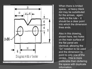When there is limited
space, a heavy black
dot may be substituted
for the arrows, again
clarity is the rule - it
should be a clear point
into which the dimension
lines ends.
Also in this drawing,
shown here, two holes
on the main surface of
the flat panel are
identical, allowing the
"2x" notation to be used
and the dimension to
point to only one of the
circles. This is more
preferable than cluttering
the space with duplicate
information.
 