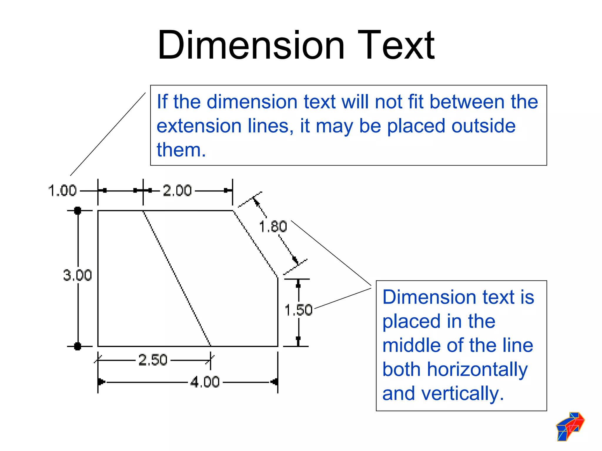 Dimension Text
If the dimension text will not fit between the
extension lines, it may be placed outside
them.




                           Dimension text is
                           placed in the
                           middle of the line
                           both horizontally
                           and vertically.
 