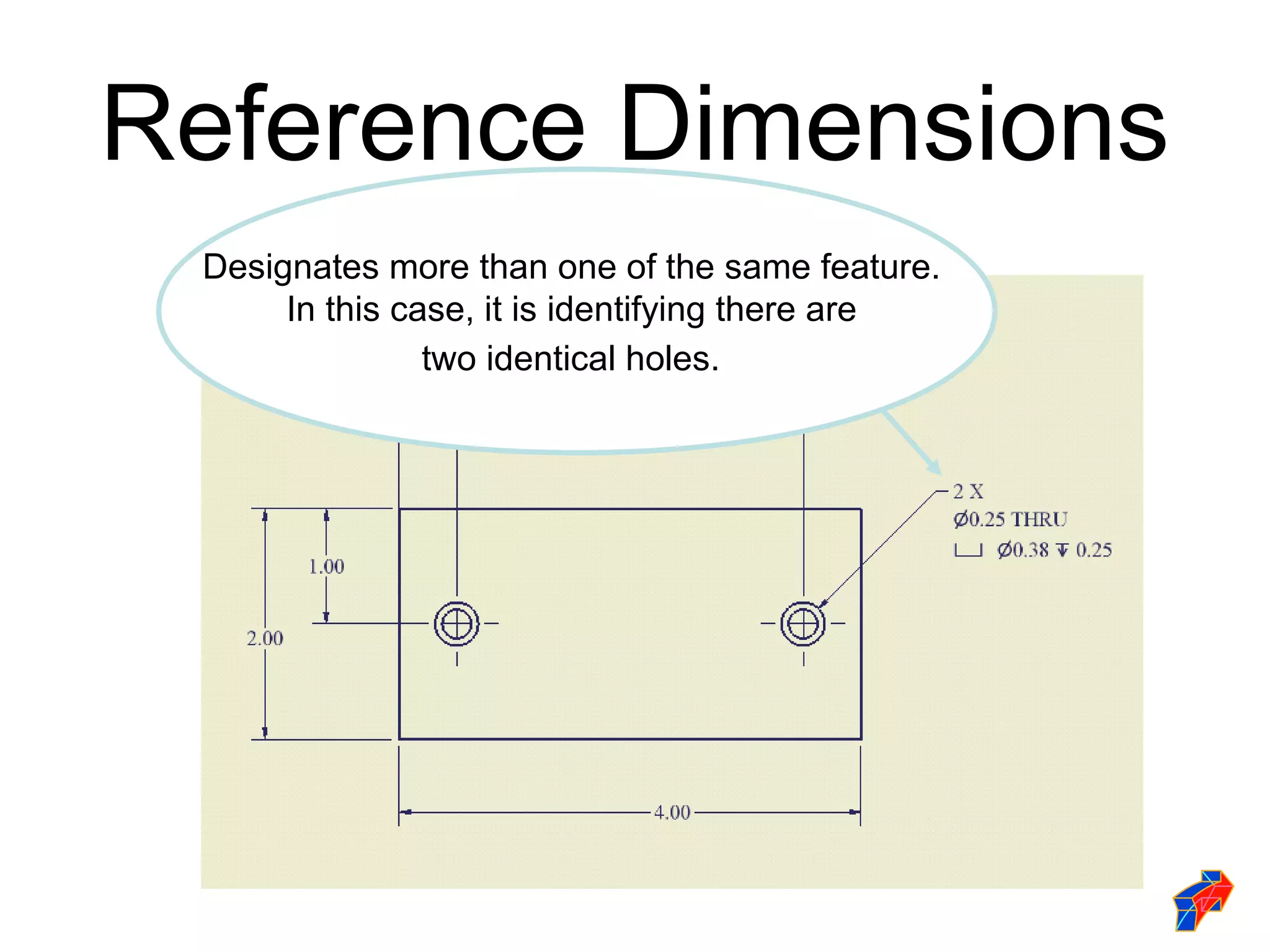 Reference Dimensions
 Designates more than one of the same feature.
      In this case, it is identifying there are
                two identical holes.
 