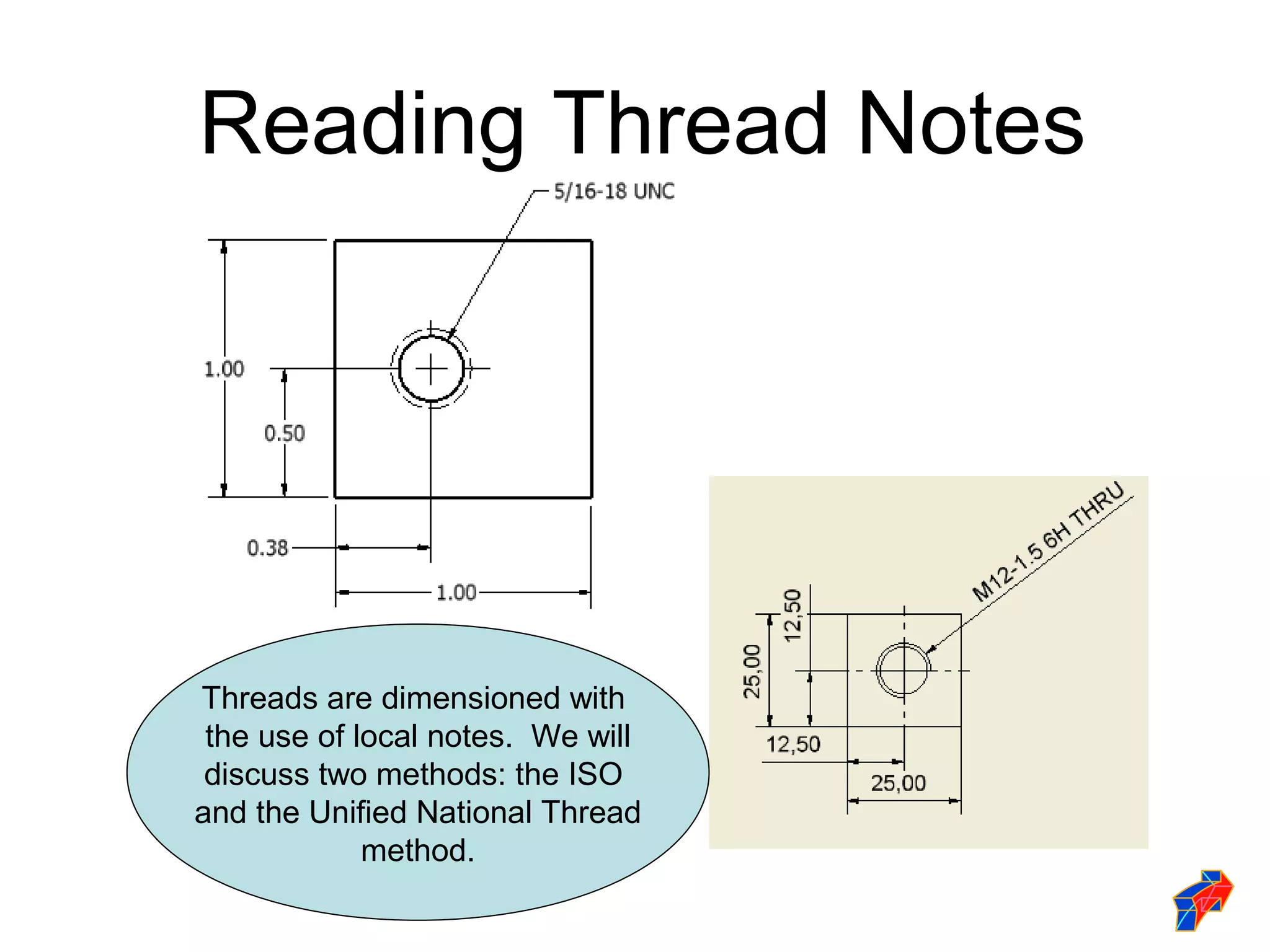 Reading Thread Notes




Threads are dimensioned with
 the use of local notes. We will
 discuss two methods: the ISO
and the Unified National Thread
             method.
 
