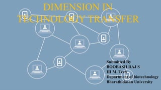 DIMENSION IN
TECHNOLOGY TRANSFER
Submitted By
BOOBASH RAJ S
III M. Tech
Department of biotechnology
Bharathidasan University
 