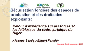 Sécurisation foncière des espaces de
production et des droits des
exploitants:
Retour d’expérience sur les forces et
les faiblesses du cadre juridique du
Niger
Aladoua Saadou Expert Foncier
Bamako, 7 et 8 septembre 2017
 
