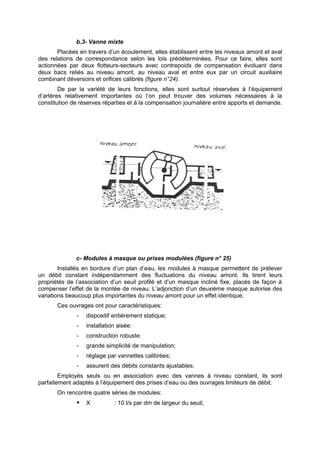b.3- Vanne mixte
       Placées en travers d’un écoulement, elles établissent entre les niveaux amont et aval
des relations de correspondance selon les lois prédéterminées. Pour ce faire, elles sont
actionnées par deux flotteurs-secteurs avec contrepoids de compensation évoluant dans
deux bacs reliés au niveau amont, au niveau aval et entre eux par un circuit auxiliaire
combinant déversoirs et orifices calibrés (figure n°24).
        De par la variété de leurs fonctions, elles sont surtout réservées à l’équipement
d’artères relativement importantes où l’on peut trouver des volumes nécessaires à la
constitution de réserves réparties et à la compensation journalière entre apports et demande.




              c- Modules à masque ou prises modulées (figure n° 25)
        Installés en bordure d’un plan d’eau, les modules à masque permettent de prélever
un débit constant indépendamment des fluctuations du niveau amont. Ils tirent leurs
propriétés de l’association d’un seuil profilé et d’un masque incliné fixe, placés de façon à
compenser l’effet de la montée de niveau. L’adjonction d’un deuxième masque autorise des
variations beaucoup plus importantes du niveau amont pour un effet identique.
       Ces ouvrages ont pour caractéristiques:
              -   dispositif entièrement statique;
              -   installation aisée:
              -   construction robuste:
              -   grande simplicité de manipulation;
              -   réglage par vannettes calibrées;
              -   assurent des débits constants ajustables.
        Employés seuls ou en association avec des vannes à niveau constant, ils sont
parfaitement adaptés à l’équipement des prises d’eau ou des ouvrages limiteurs de débit.
       On rencontre quatre séries de modules:
                 X          : 10 l/s par dm de largeur du seuil;
 