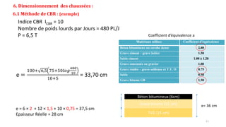 Indice CBR ICBR = 10
Nombre de poids lourds par Jours = 480 PL/J
P = 6,5 T
e =
100+ 6,5 75+50𝑙𝑜𝑔
480
10
10+5
= 33,70 cm
Coefficient d’équivalence a
e = 6 × 2 + 12 × 1,5 + 10 × 0,75 = 37,5 cm
Epaisseur Réelle = 28 cm TVO (15 cm)
Grave bitume (15 cm)
Béton bitumineux (6cm)
e= 36 cm
6. Dimensionnement des chaussées :
6.1 Méthode de CBR : (exemple)
11
 