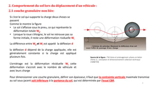 2. Comportement du sol lors du déplacement d’un véhicule :
2.1 couche granulaire non liée:
Si c’est le sol qui supporte la charge deux choses se
passent
Comme le montre la figure
• Le sol s’affaisse sous le pneu, ce qui représente la
déformation totale Wp.
• Lorsque la roue s’éloigne, le sol ne retrouve pas sa
forme initiale, il reste une déformation risiduelle Wr
La différence entre Wp et Wr est appelé la déflexion d
la déflexion d dépend de la charge appliquée, elle est
généralement constante si la charge est appliqué
plusieurs fois.
L’orniérage est la déformation résiduelle Wr cette
déformation s’accroit avec le nombre de véhicule et
avec leurs charge
Pour dimensionner une couche granulaire, définir son épaisseur, il faut que la contrainte verticale maximale transmise
au sol sous-jacent soit inférieure à la portance du sol, qui est déterminée par l’essai CBR.
Source de la figure : T50 Voirie et aménagement urbains en béton
(Tome 1) , conception et dimensionnement collection technique
CIMBETON
3
 