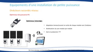 Onduleurs raccordés réseau
Optimiseur de puissance PV
Optimiseur Solaredge:
• Adaptation tension/courant en sortie de chaque module vers l’onduleur.
• Amélioration du suivi module par module
• Gain en production ???
http://www.solaredge.com/sites/default/files/performance_of_pv_topologies_under_shaded_conditions_fr.pdf
Equipements d’une installation de petite puissance
 