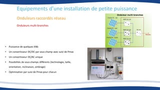 Onduleurs raccordés réseau
Onduleurs multi-branches
• Puissance de quelques kWc
• Un convertisseur DC/DC par sous-champ avec suivi de Pmax
• Un convertisseur DC/AC unique
• Possibilités de sous-champs différents (technologie, taille,
orientation, inclinaison, ombrage)
• Optimisation par suivi de Pmax pour chacun
Equipements d’une installation de petite puissance
 