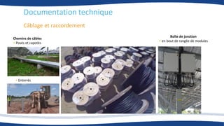 Documentation technique
Câblage et raccordement
Chemins de câbles
• Posés et capotés
Boîte de jonction
• en bout de rangée de modules
• Enterrés
 