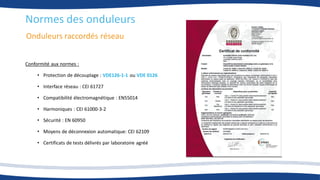 Onduleurs raccordés réseau
Normes des onduleurs
Conformité aux normes :
• Protection de découplage : VDE126-1-1 ou VDE 0126
• Interface réseau : CEI 61727
• Compatibilité électromagnétique : EN55014
• Harmoniques : CEI 61000-3-2
• Sécurité : EN 60950
• Moyens de déconnexion automatique: CEI 62109
• Certificats de tests délivrés par laboratoire agréé
 