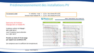 Prédimensionnement des installations PV
En tension à vide: V onduleur maxi > 1,15 x Vco champ PV à STC
tension maxi module PV > 1,15 x Vco champ PV à STC
Destruction de l’onduleur
Claquage dans un module PV
Irradiance solaire ciel dégagé :
800 à 900 W/m²,
mais l’irradiance peut atteindre
les 1 300 W/m²
Prendre au moins 15 % de marge
par rapport aux conditions STC
(se compense avec le coefficient de température)
(source : PHOTOWATT)
 