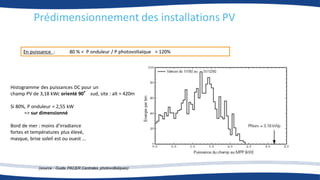 Prédimensionnement des installations PV
En puissance : 80 % < P onduleur / P photovoltaïque < 120%
Histogramme des puissances DC pour un
champ PV de 3,18 kWc orienté 90° sud, site : alt = 420m
Si 80%, P onduleur = 2,55 kW
=> sur dimensionné
Bord de mer : moins d’irradiance
fortes et températures plus élevé,
masque, brise soleil est ou ouest …
(source : Guide PACER Centrales photovoltaïques)
 