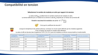 Compatibilité en tension
Sélectionner le nombre de modules en série par rapport à la tension
La valeur de 𝑼𝒎𝒂𝒙 va déterminer le nombre maximum de modules en série.
La tension délivrée par un module est sa tension à vide 𝑼𝒄𝒐 majorée par un facteur de correction 𝑲.
𝑼𝒄𝒐×𝒌
𝑵𝒐𝒎𝒃𝒓𝒆 𝒎𝒂𝒙𝒊𝒎𝒂𝒍 𝒅𝒆 𝒎𝒐𝒅𝒖𝒍𝒆𝒔 𝒆𝒏 𝒔é𝒓𝒊𝒆 = 𝑬 [
𝑼co𝒎𝒂𝒙
]
C’est quoi le coefficient de sécurité ?
Lorsque la température des cellules diminue, la tension en circuit ouvert délivrée par les modules augmente.
C’est un facteur qui prend en compte cette élévation.
La valeur de 𝑲 est donnée dans le guide de l’UTE C 15-172-1 pour les modules au silicium monocristallin et multicristallin
Température ambiante
minimale(°C) Facteur de correction𝑲
Température ambiante
minimale(°C) Facteur de correction𝑲
Température ambiante
minimale(°C) Facteur de correction𝑲
Entre 24°C et 20°C 1.02 Entre 4°C et 0°C 1.10 Entre -16°C et -20°C 1.18
Entre 19°C et 15°C 1.04 Entre -1°C et -5°C 1.12 Entre -21°C et -25°C 1.20
Entre 14°C et 10°C 1.06 Entre -6°C et -10°C 1.14 Entre -26°C et -30°C 1.21
Entre 9°C et 5°C 1.08 Entre -11°C et -15°C 1.16 Entre -31°C et -35°C 1.23
Entre -36°C et -40°C 1.25
-
 
