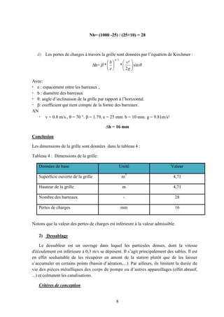 8
Nb= (1000 -25) / (25+10) = 28
d) Les pertes de charges à travers la grille sont données pa de Kirchmer :
sin
2
²
*
*
3
/
4
g
v
e
b
Avec:
e : espacement entre les barreaux ;
b : diamètre des barreaux
AN
v = 0.8 m/s., = 70 °. = 1.79, e = 25 mm. b = 10 mm. g = 9.81m/s²
Conclusion
Les dimensions de la grille sont données dans le tableau 4 :
Tableau 4 : Dimensions de la grille:
Données de base Unité Valeur
Superficie ouverte de la grille m2
4,71
Hauteur de la grille m 4,71
Nombre des barreaux - 28
Pertes de charges mm 16
Notons que la valeur des pertes de charges est inférieure à la valeur admissible.
2) Dessablage
Le dessableur est un ouvrage dans lequel les particules denses, dont la vitesse
d écoulement est inférieure à 0,3 m/s se déposent
en effet souhaitable de les récupérer en amont de la station plutôt que de les laisser
...). Par ailleurs, ils limitent la durée de
vie d appareillages (effet abrasif,
...) et colmatent les canalisations.
Critères de conception
 
