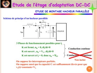 3 Phases de fonctionnement possibles pour il
K est fermé, uK = 0, dil/dt>0
K est ouvert , uK = VS , dil/dt<0
K est ouvert et il = 0, donc uK = VPV
Conduction continue
On suppose les interrupteurs parfaits.
On suppose aussi que la capacité C est suffisamment élevée pour que
vS(t)=constante=VS
Conduction discontinue
Non inclut
ETUDE DE MONTAGE HACHEUR PARALLÈLE
Schéma de principe d’un hacheur parallèle
15
 