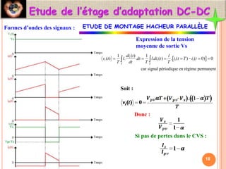 Formes d’ondes des signaux :
Expression de la tension
moyenne de sortie Vs :
Soit :
Donc :
Si pas de pertes dans le CVS :
18
 
( )
1 1
( ) . . . ( ) . ( ) ( 0) 0
car signal périodique en régime permanent
l
l l l l
T T
di t l
v t l dt l di t i t T i t
T dt T T
      
 
ETUDE DE MONTAGE HACHEUR PARALLÈLE
 