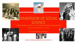 DIMENSION OF SOCIAL
SCIENCETHURGOODMARSHALL,MALCOM X,W.E.B.DUBOISAND MARTINLUTHERKINGAPPROACH
DIVERSITY. IMAGINATION. CULTURE.
MUSTAPHA ROSWELL AKINTONA
WE DO THE SCIENCE OF SOCIETY 1
 
