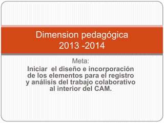Dimension pedagógica
2013 -2014
Meta:
Iniciar el diseño e incorporación
de los elementos para el registro
y análisis del trabajo colaborativo
al interior del CAM.

 
