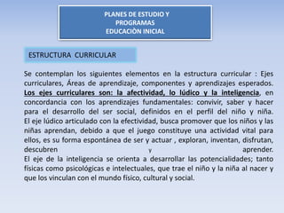 PLANES DE ESTUDIO Y
PROGRAMAS
EDUCACIÒN INICIAL
Se contemplan los siguientes elementos en la estructura curricular : Ejes
curriculares, Áreas de aprendizaje, componentes y aprendizajes esperados.
Los ejes curriculares son: la afectividad, lo lúdico y la inteligencia, en
concordancia con los aprendizajes fundamentales: convivir, saber y hacer
para el desarrollo del ser social, definidos en el perfil del niño y niña.
El eje lúdico articulado con la efectividad, busca promover que los niños y las
niñas aprendan, debido a que el juego constituye una actividad vital para
ellos, es su forma espontánea de ser y actuar , exploran, inventan, disfrutan,
descubren y aprender.
El eje de la inteligencia se orienta a desarrollar las potencialidades; tanto
físicas como psicológicas e intelectuales, que trae el niño y la niña al nacer y
que los vinculan con el mundo físico, cultural y social.
ESTRUCTURA CURRICULAR
 