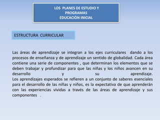 LOS PLANES DE ESTUDIO Y
PROGRAMAS
EDUCACIÒN INICIAL
Las áreas de aprendizaje se integran a los ejes curriculares dando a los
procesos de enseñanza y de aprendizaje un sentido de globalidad. Cada área
contiene una serie de componentes , que determinan los elementos que se
deben trabajar y profundizar para que las niñas y los niños avancen en su
desarrollo y su aprendizaje.
Los aprendizajes esperados se refieren a un conjunto de saberes esenciales
para el desarrollo de las niñas y niños, es la expectativa de que aprenderán
con las experiencias vividas a través de las áreas de aprendizaje y sus
componentes .
 