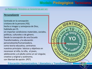 Modelo Pedagógico Teresiano
Educación Humanizadora, Liberadora y Transformadora
La Pedagogía Teresiana se Caracteriza por ser:
Personalizante
Centrada en la concepción
cristiana de la persona (YO),
hecha a imagen y semejanza de Dios,
habitada por Él,
sin importar condiciones materiales, sociales,
políticas, culturales o de género.
Desde la concepción de una Escuela
Transformadora, y la educación
personalizante/humanizadora,
como teoría educativa, centramos
nuestros principios básicos y objetivos en
reconocer al niño, la niña, al joven,
adolescente y al adulto como un ser singular,
creativo y original y autónomo,
con libertad de opción. (PET)
 