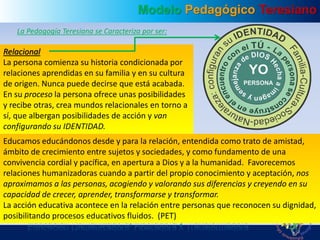 Modelo Pedagógico Teresiano
Educación Humanizadora, Liberadora y Transformadora
La Pedagogía Teresiana se Caracteriza por ser:
Relacional
La persona comienza su historia condicionada por
relaciones aprendidas en su familia y en su cultura
de origen. Nunca puede decirse que está acabada.
En su proceso la persona ofrece unas posibilidades
y recibe otras, crea mundos relacionales en torno a
sí, que albergan posibilidades de acción y van
configurando su IDENTIDAD.
Educamos educándonos desde y para la relación, entendida como trato de amistad,
ámbito de crecimiento entre sujetos y sociedades, y como fundamento de una
convivencia cordial y pacífica, en apertura a Dios y a la humanidad. Favorecemos
relaciones humanizadoras cuando a partir del propio conocimiento y aceptación, nos
aproximamos a las personas, acogiendo y valorando sus diferencias y creyendo en su
capacidad de crecer, aprender, transformarse y transformar.
La acción educativa acontece en la relación entre personas que reconocen su dignidad,
posibilitando procesos educativos fluidos. (PET)
 