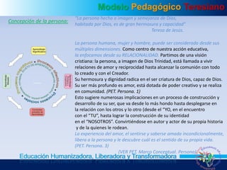 Modelo Pedagógico Teresiano
Educación Humanizadora, Liberadora y Transformadora
Concepción de la persona:
“La persona hecha a imagen y semejanza de Dios,
habitada por Dios, es de gran hermosura y capacidad”
Teresa de Jesús.
La persona humana, mujer y hombre, puede ser considerada desde sus
múltiples dimensiones. Como centro de nuestra acción educativa,
la enfocamos desde su RELACIONALIDAD. Partimos de una visión
cristiana: la persona, a imagen de Dios Trinidad, está llamada a vivir
relaciones de amor y reciprocidad hasta alcanzar la comunión con todo
lo creado y con el Creador.
Su hermosura y dignidad radica en el ser criatura de Dios, capaz de Dios.
Su ser más profundo es amor, está dotada de poder creativo y se realiza
en comunidad. (PET. Persona. 1)
Esto sugiere numerosas implicaciones en un proceso de construcción y
desarrollo de su ser, que va desde lo más hondo hasta desplegarse en
la relación con los otros y lo otro (desde el “YO, en el encuentro
con el “TU”, hasta lograr la construcción de su identidad
en el “NOSOTROS”. Convirtiéndose en autor y actor de su propia historia
y de la quienes le rodean.
La experiencia del amor, el sentirse y saberse amada incondicionalmente,
libera a la persona y le descubre cuál es el sentido de su propia vida.
(PET. Persona. 3)
(VER PET. Marco Conceptual. Persona)
 