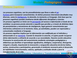 Modelo Pedagógico Teresiano
Educación Humanizadora, Liberadora y Transformadora
Procesos Cognitivos
Los procesos cognitivos, son los procedimientos que lleva a cabo el ser
humano para incorporar conocimientos. En dichos procesos intervienen facultades muy
diversas, como la inteligencia, la atención, la memoria y el lenguaje. Esto hace que los
procesos cognitivos puedan analizarse desde diferentes disciplinas y ciencias.
Un proceso cognitivo se inicia con la percepción (el acceso a información a través de los
sentidos). La persona presta atención a aquello que percibe y, a través de distintos tipos
de pensamientos y mecanismos de inteligencia, logra generar conocimientos que
interioriza y almacena en la memoria. Estos, ya asimilados, pueden ser expresados y
comunicados mediante el lenguaje.
Un proceso cognitivo implica que la información sea codificada por el individuo y
almacenada en su memoria. Cuando la situación lo amerite, el sujeto puede recuperar
dicha información y utilizarla de acuerdo a sus necesidades. Nuestra acción educativa
Promueve la construcción del conocimiento mediante estrategias pedagógicas y
didácticas que facilitan el aprendizaje significativo, dialógico, cooperativo, divergente,
integral y situado, impulsando la innovación y vanguardia educativa de forma lúdica,
activa, constructiva y participativa, generando el ambiente necesario para el desarrollo
de habilidades instrumentales, valores, aptitudes y actitudes desde y para la
transformación de la vida.
 