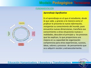 Modelo Pedagógico Teresiano
Educación Humanizadora, Liberadora y Transformadora
FUNDAMENTACIÓN
Aprendizaje Significativo
Es el aprendizaje en el que el estudiante, desde
lo que sabe, y gracias a la manera como el
profesor le presenta la nueva información,
reorganiza su conocimiento del mundo, pues
encuentra nuevas dimensiones, transfiere ese
conocimiento a otras situaciones nuevas o
realidades, descubre el principio y los procesos
que los explican, lo que proporciona una
mejora en su capacidad de organización
comprensiva para otras experiencias, sucesos,
ideas, valores y procesos de pensamiento que
va a adquirir escolar y extraescolarmente.
 