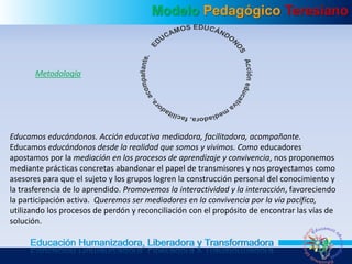 Modelo Pedagógico Teresiano
Educación Humanizadora, Liberadora y Transformadora
Educamos educándonos. Acción educativa mediadora, facilitadora, acompañante.
Educamos educándonos desde la realidad que somos y vivimos. Como educadores
apostamos por la mediación en los procesos de aprendizaje y convivencia, nos proponemos
mediante prácticas concretas abandonar el papel de transmisores y nos proyectamos como
asesores para que el sujeto y los grupos logren la construcción personal del conocimiento y
la trasferencia de lo aprendido. Promovemos la interactividad y la interacción, favoreciendo
la participación activa. Queremos ser mediadores en la convivencia por la vía pacífica,
utilizando los procesos de perdón y reconciliación con el propósito de encontrar las vías de
solución.
Metodología
 