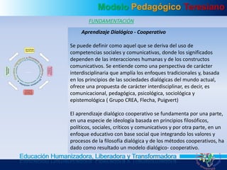 Modelo Pedagógico Teresiano
Educación Humanizadora, Liberadora y Transformadora
FUNDAMENTACIÓN
Aprendizaje Dialógico - Cooperativo
Se puede definir como aquel que se deriva del uso de
competencias sociales y comunicativas, donde los significados
dependen de las interacciones humanas y de los constructos
comunicativos. Se entiende como una perspectiva de carácter
interdisciplinaria que amplía los enfoques tradicionales y, basada
en los principios de las sociedades dialógicas del mundo actual,
ofrece una propuesta de carácter interdisciplinar, es decir, es
comunicacional, pedagógica, psicológica, sociológica y
epistemológica ( Grupo CREA, Flecha, Puigvert)
El aprendizaje dialógico cooperativo se fundamenta por una parte,
en una especie de ideología basada en principios filosóficos,
políticos, sociales, críticos y comunicativos y por otra parte, en un
enfoque educativo con base social que integrando los valores y
procesos de la filosofía dialógica y de los métodos cooperativos, ha
dado como resultado un modelo dialógico- cooperativo.
 
