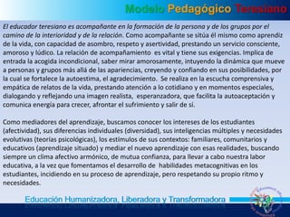 Modelo Pedagógico Teresiano
Educación Humanizadora, Liberadora y Transformadora
El educador teresiano es acompañante en la formación de la persona y de los grupos por el
camino de la interioridad y de la relación. Como acompañante se sitúa él mismo como aprendiz
de la vida, con capacidad de asombro, respeto y asertividad, prestando un servicio consciente,
amoroso y lúdico. La relación de acompañamiento es vital y tiene sus exigencias. Implica de
entrada la acogida incondicional, saber mirar amorosamente, intuyendo la dinámica que mueve
a personas y grupos más allá de las apariencias, creyendo y confiando en sus posibilidades, por
la cual se fortalece la autoestima, el agradecimiento. Se realiza en la escucha comprensiva y
empática de relatos de la vida, prestando atención a lo cotidiano y en momentos especiales,
dialogando y reflejando una imagen realista, esperanzadora, que facilita la autoaceptación y
comunica energía para crecer, afrontar el sufrimiento y salir de sí.
Como mediadores del aprendizaje, buscamos conocer los intereses de los estudiantes
(afectividad), sus diferencias individuales (diversidad), sus inteligencias múltiples y necesidades
evolutivas (teorías psicológicas), los estímulos de sus contextos: familiares, comunitarios y
educativos (aprendizaje situado) y mediar el nuevo aprendizaje con esas realidades, buscando
siempre un clima afectivo armónico, de mutua confianza, para llevar a cabo nuestra labor
educativa, a la vez que fomentamos el desarrollo de habilidades metacognitivas en los
estudiantes, incidiendo en su proceso de aprendizaje, pero respetando su propio ritmo y
necesidades.
 