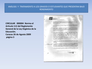ANÀLISIS Y TRATAMIENTO A LOS GRADOS O ESTUDIANTES QUE PRESENTAN BAJO
RENDIMIENTO
CIRCULAR 000004 Norma el
Articulo 112 del Reglamento
General de la Ley Orgánica de la
Educación.
Caracas 26 de Agosto 2009
página 3
 