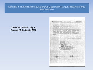 ANÀLISIS Y TRATAMIENTO A LOS GRADOS O ESTUDIANTES QUE PRESENTAN BAJO
RENDIMIENTO
CIRCULAR 006696 pág. 4
Caracas 22 de Agosto 2012
 