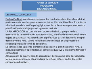 Evaluación Final: consiste en comparar los resultados obtenidos al concluir el
periodo escolar con los propuestos a su inicio . Permite identificar los aciertos
y limitaciones de la acción pedagógica para formular nuevas propuestas en la
planificación del trabajo para el siguiente periodo.
LA PLANIFICACIÒN se considera un proceso dinámico que parte de la
necesidad de una mediación educativa activa, planificada e intencional, con el
objeto de garantizar los aprendizajes significativos para el desarrollo integral
del niño y de la niña. Es una herramienta técnica que en un proceso de
reflexión propicia la toma de decisiones.
Se considera los siguiente elementos básicos en la planificación: el niño, la
niña, su desarrollo y aprendizaje, el contexto educativo y el entorno familiar y
comunitario .
A) Los planes de experiencia de aprendizaje: tienen como base la evaluación
formativa de procesos y al aprendizaje de niños y niñas ., en los diferentes
escenarios educativos.
 