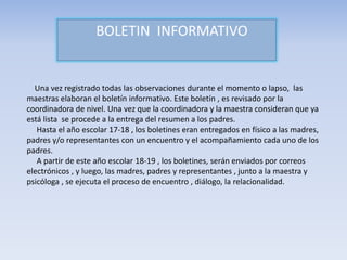 Una vez registrado todas las observaciones durante el momento o lapso, las
maestras elaboran el boletín informativo. Este boletín , es revisado por la
coordinadora de nivel. Una vez que la coordinadora y la maestra consideran que ya
está lista se procede a la entrega del resumen a los padres.
Hasta el año escolar 17-18 , los boletines eran entregados en físico a las madres,
padres y/o representantes con un encuentro y el acompañamiento cada uno de los
padres.
A partir de este año escolar 18-19 , los boletines, serán enviados por correos
electrónicos , y luego, las madres, padres y representantes , junto a la maestra y
psicóloga , se ejecuta el proceso de encuentro , diálogo, la relacionalidad.
 