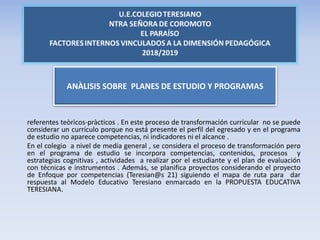 ANÀLISIS SOBRE PLANES DE ESTUDIO Y PROGRAMAS
referentes teòricos-pràcticos . En este proceso de transformación curricular no se puede
considerar un currículo porque no está presente el perfil del egresado y en el programa
de estudio no aparece competencias, ni indicadores ni el alcance .
En el colegio a nivel de media general , se considera el proceso de transformación pero
en el programa de estudio se incorpora competencias, contenidos, procesos y
estrategias cognitivas , actividades a realizar por el estudiante y el plan de evaluación
con técnicas e instrumentos . Además, se planifica proyectos considerando el proyecto
de Enfoque por competencias (Teresian@s 21) siguiendo el mapa de ruta para dar
respuesta al Modelo Educativo Teresiano enmarcado en la PROPUESTA EDUCATIVA
TERESIANA.
 