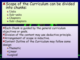 Scope of the Curriculum can be divided
into chunks:
Units
Sub-units
Chapters
Sub-chapters
Each Chunk is guided by the gene...