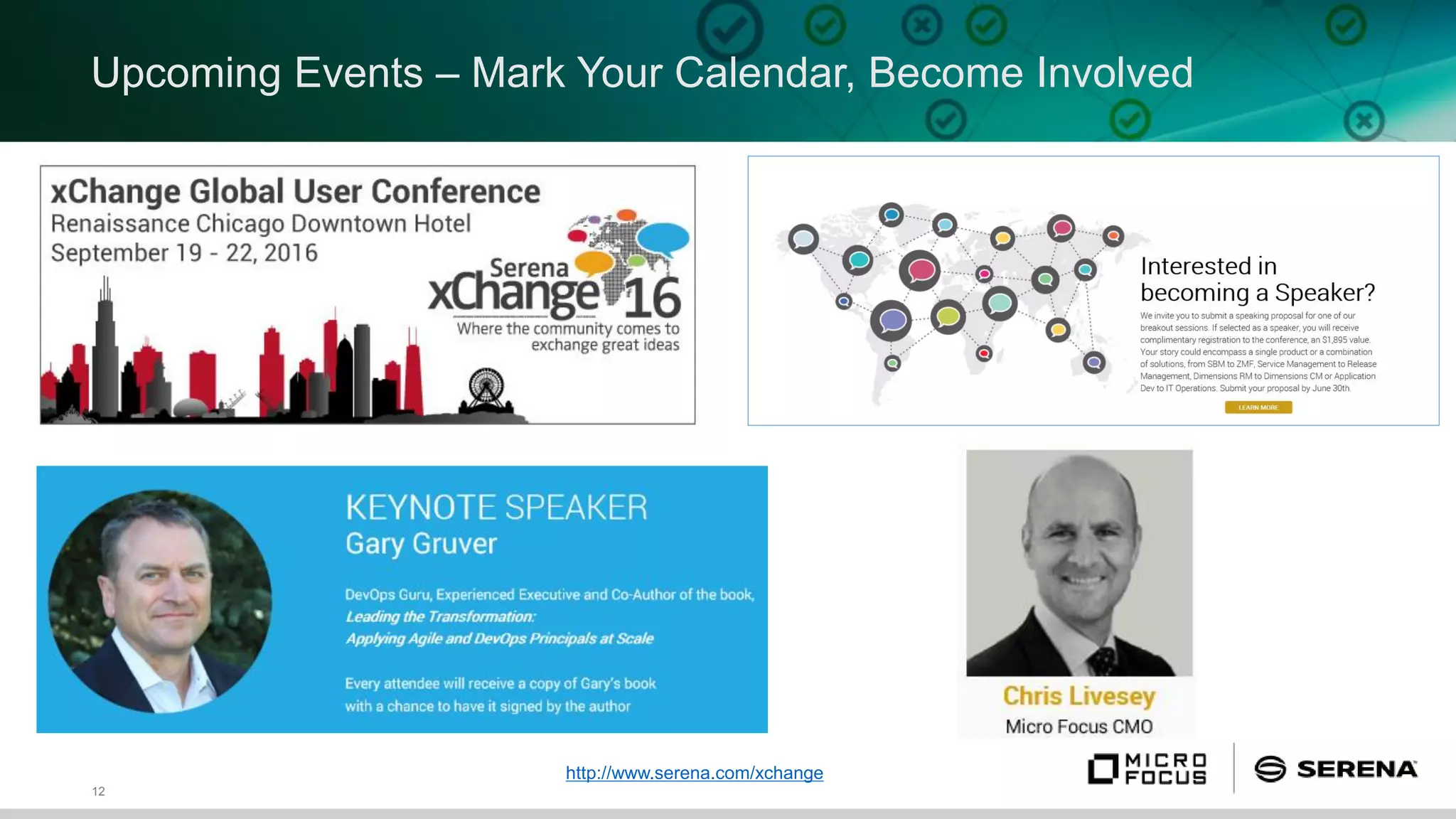 12
Upcoming Events – Mark Your Calendar, Become Involved
Serena xChange16
Sept 19th – 22nd 2016
Renaissance Chicago Downtown Hotel
http://www.serena.com/xchange
 