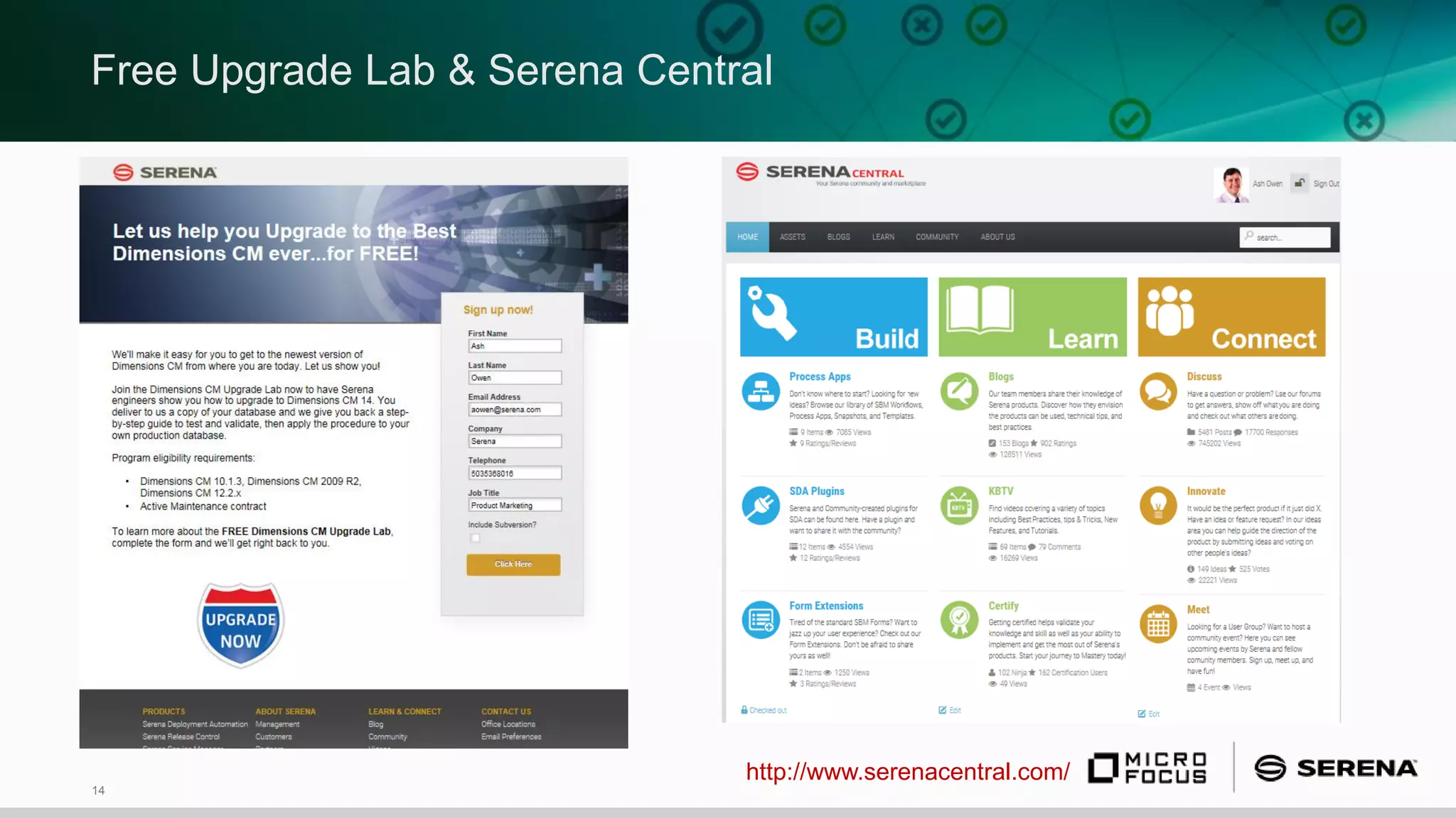 14
Free Upgrade Lab & Serena Central
http://www.serenacentral.com/
 