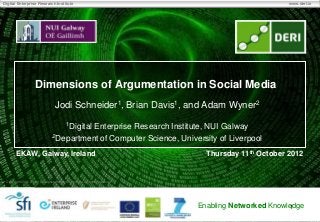 Digital Enterprise Research Institute                                                                 www.deri.ie




                     Dimensions of Argumentation in Social Media
                                   Jodi Schneider1, Brian Davis1, and Adam Wyner2
                                           1Digital
                                           Enterprise Research Institute, NUI Galway
                                 2Department of Computer Science, University of Liverpool


       EKAW, Galway, Ireland                                                    Thursday 11th October 2012


 Copyright 2011 Digital Enterprise Research Institute. All rights reserved.




                                                                              Enabling Networked Knowledge
                                                                                                      1
 