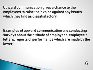 Upward communication gives a chance to the
employees to raise their voice against any issues,
which they find as dissatisfactory.
Examples of upward communication are conducting
surveys about the attitude of employees, employee’s
letters, reports of performance which are made by the
lower.
6
 