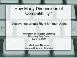 How Many Dimensions of Compatibility? Discovering What's Right for Your Users University of Houston Libraries Discovery Day Camp June 10, 2011 Marliese Thomas Auburn University Libraries 