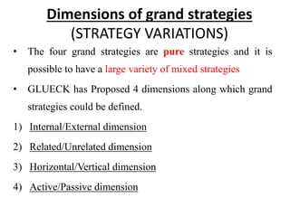 Dimensions of grand strategies
(STRATEGY VARIATIONS)
• The four grand strategies are pure strategies and it is
possible to have a large variety of mixed strategies
• GLUECK has Proposed 4 dimensions along which grand
strategies could be defined.
1) Internal/External dimension
2) Related/Unrelated dimension
3) Horizontal/Vertical dimension
4) Active/Passive dimension
 